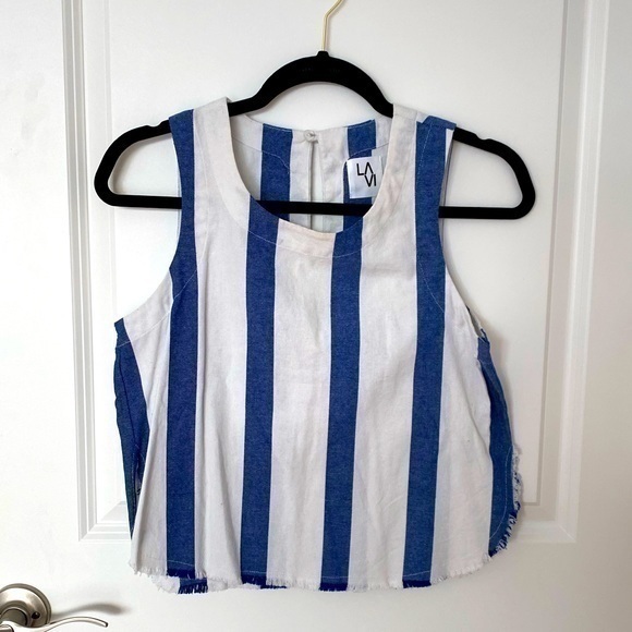 LA VI White and Blue Striped Cotton/Denim Tank - Picture 1 of 4